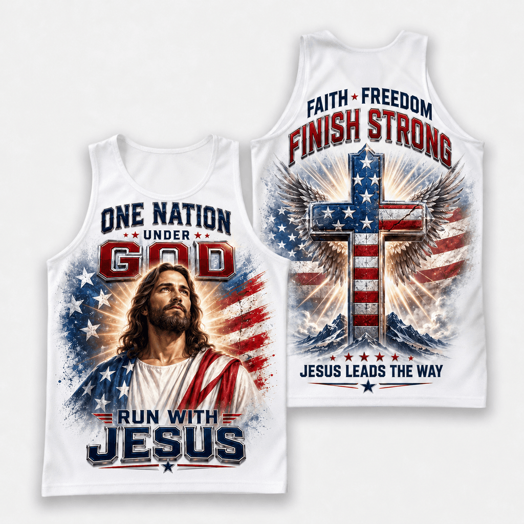 USA Christian Running Tank Top - Faith Patriotic Tech Running Singlet
